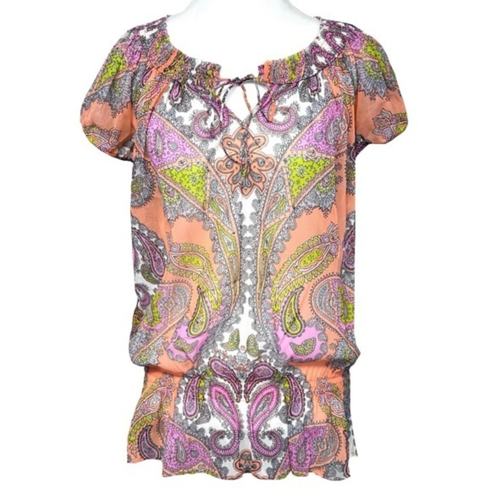 INC Paisley Sheer Mesh Top Neon Colorful Rhinestone Cap Sleeve Elastic Neck L